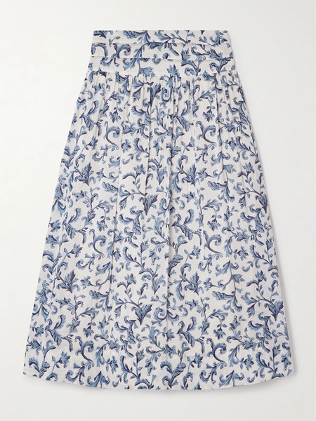  Posse Posse - Rue Pleated Printed Linen And Silk-blend Midi Skirt - Blue 