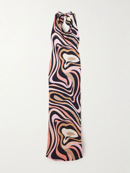  Pucci Pucci - Marmo Crystal-embellished Printed Satin-jersey Halterneck Maxi Dress - Pink 
