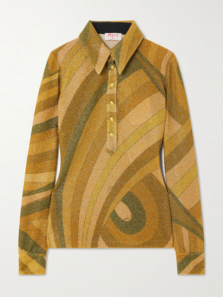  Pucci Pucci - Printed Metallic Jersey Polo Shirt - Gold 