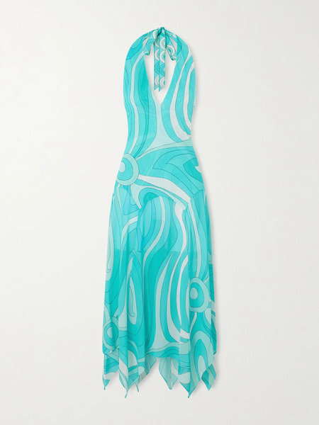  Pucci Pucci - Printed Silk Twill-trimmed Crepe-jersey Halterneck Midi Dress - Turquoise 