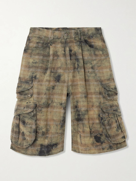  R13 R13 - Checked Distressed Cotton-flannel Cargo Shorts - Army Green 