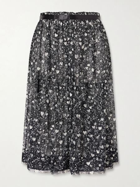  R13 R13 - Satin-trimmed Printed Lace Midi Skirt - Black 