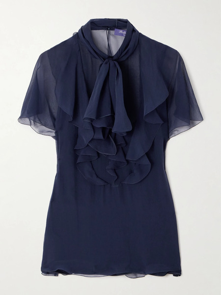  Ralph Lauren Collection Ralph Lauren Collection - Etta Pussy-bow Ruffled Silk-chiffon Blouse - Navy 