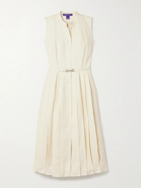  Ralph Lauren Collection Ralph Lauren Collection - Kennedi Belted Pleated Linen Midi Dress - Cream 