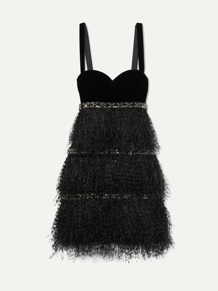  Ralph & Russo Ralph & Russo - Embellished Feather-trimmed Velvet And Crepe De Chine Mini Dress - Black 