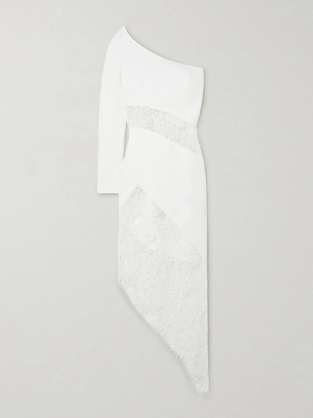  Rasario Rasario - Asymmetric One-sleeve Lace-paneled Crepe Midi Dress - White 