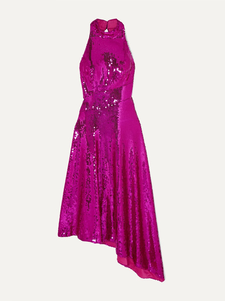  Rasario Rasario - Asymmetric Open-back Sequined Satin Midi Dress - Magenta 