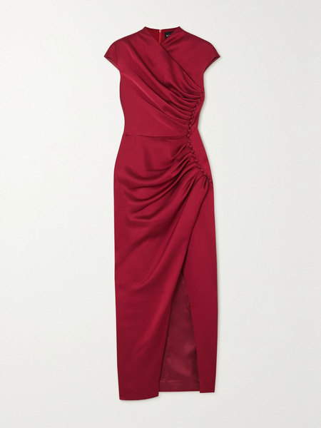  Rasario Rasario - Button-embellished Draped Satin Midi Dress - Burgundy 