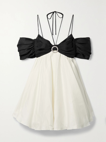  Rasario Rasario - Crystal-embellished Ruched Two-tone Linen-blend Halterneck Mini Dress - Black 