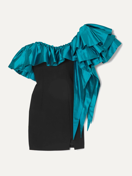  Rasario Rasario - One-shoulder Ruffled Shantung And Crepe Mini Dress - Turquoise 