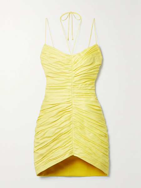  Rasario Rasario - Ruched Linen-blend Halterneck Mini Dress - Pastel Yellow 