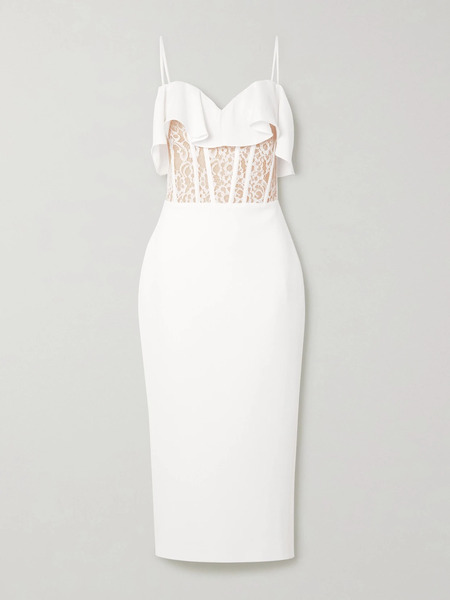  Rasario Rasario - Ruffled Crepe, Lace And Tulle Midi Dress - White 