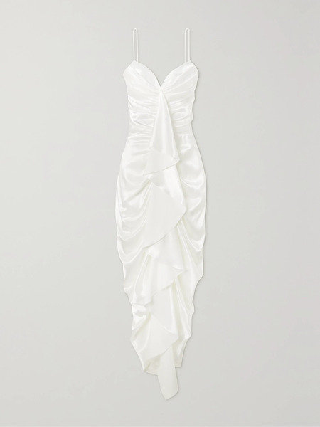  Rasario Rasario - Ruffled Draped Satin Midi Dress - White 