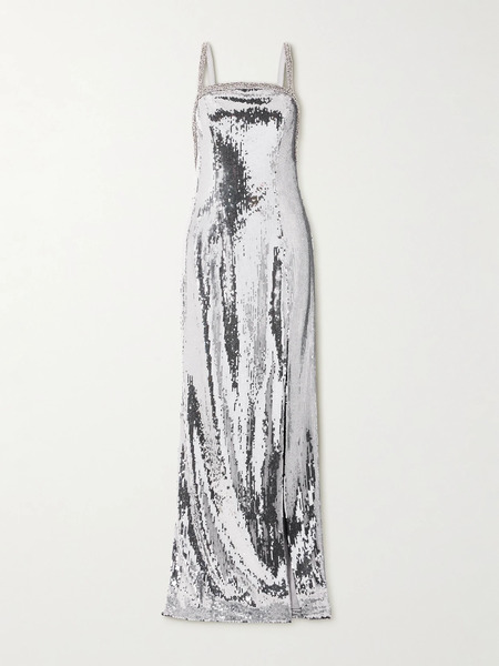  Rebecca Vallance Rebecca Vallance - Olympia Open-back Crystal-embellished Sequined Mesh Gown - Silver 