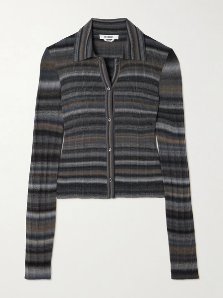 Re/done Re/done - Cropped Striped Wool Cardigan - Gray 