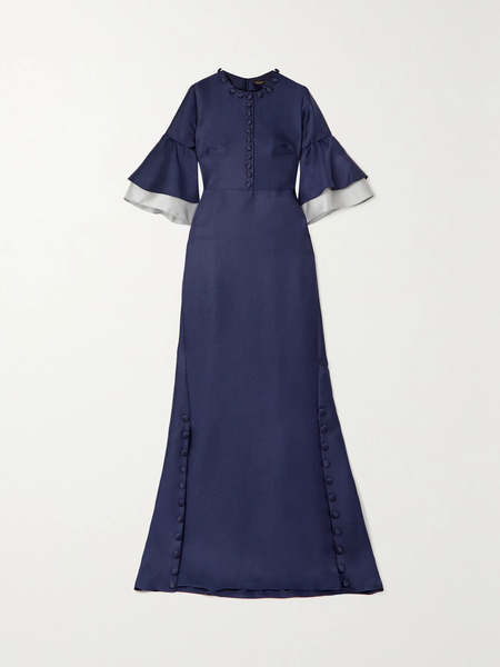  Reem Acra Reem Acra - Button-embellished Ruffled Two-tone Satin-piqué Gown - Navy 