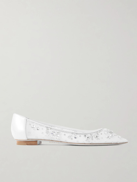  René Caovilla René Caovilla - Leather-trimmed Crystal-embellished Tulle Point-toe Flats - White 