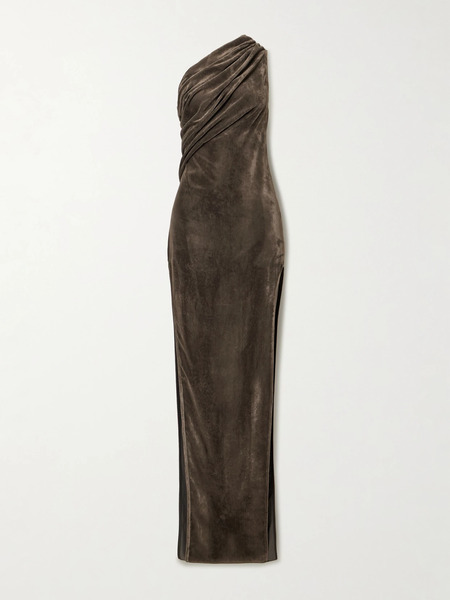  Rick Owens Rick Owens - Athena Arrowhead One-shoulder Draped Crushed-velvet Gown - Brown 