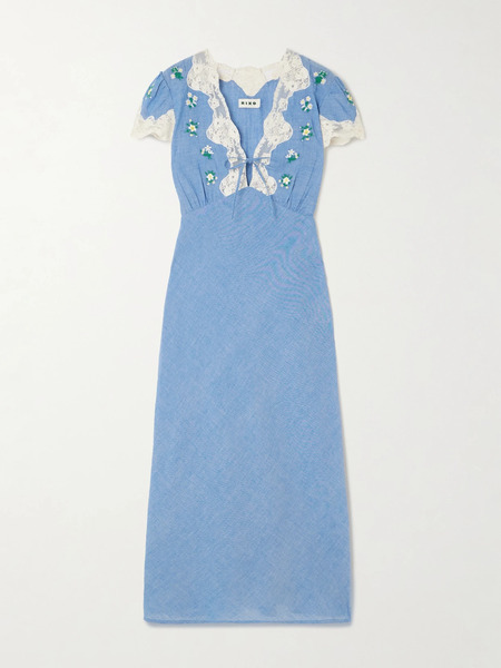  Rixo Rixo - Amari Lace-trimmed Embroidered Cotton-chambray Midi Dress - Blue 