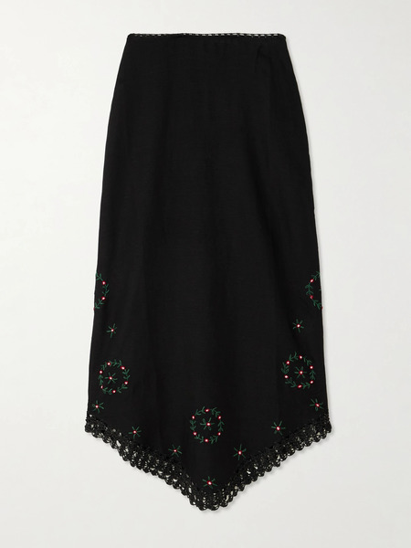  Rixo Rixo - Imola Crochet-trimmed Embroidered Linen-blend Midi Skirt - Black 