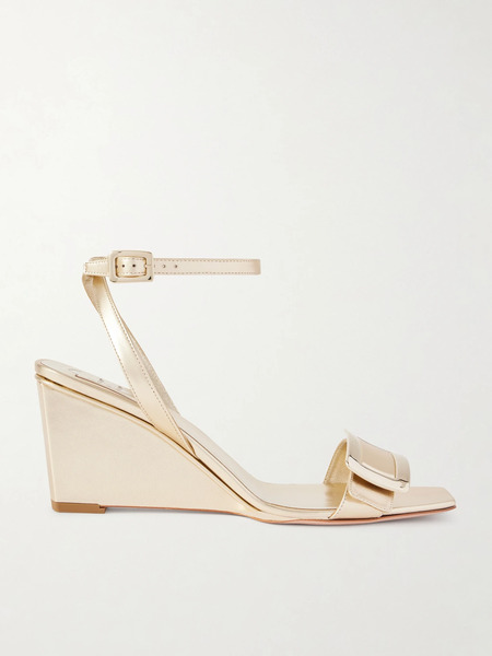  Roger Vivier Roger Vivier - Belle Vivier 60 Metallic Leather Wedge Sandals - Gold 