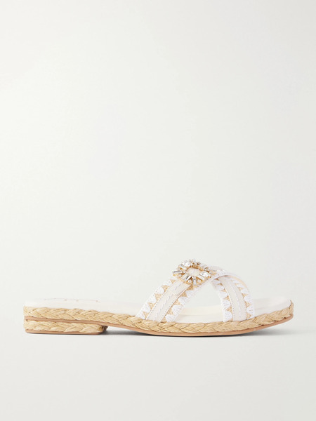  Roger Vivier Roger Vivier - Strass Crystal-embellished Leather-trimmed Raffia Slides - Off-white 