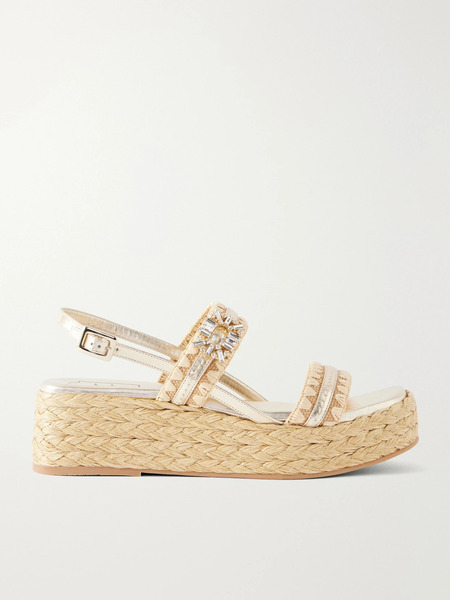  Roger Vivier Roger Vivier - Summer Embellished Metallic Leather-trimmed Woven Raffia Platform Sandals - Gold 