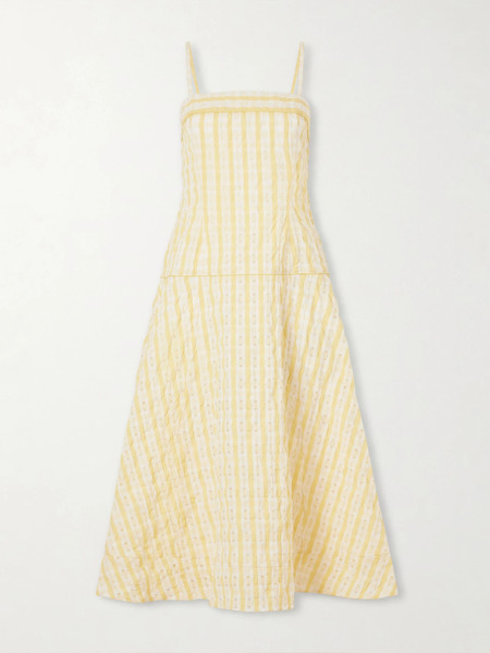  Rosie Assoulin Rosie Assoulin - Drop Me A Note Striped Seersucker Midi Dress - Yellow 