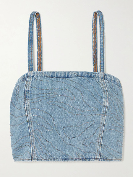  Rotate Birger Christensen Rotate Birger Christensen - Cropped Sequined Denim Top - Light Denim 