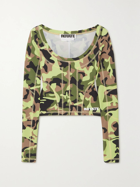  Rotate Birger Christensen Rotate Birger Christensen - Tamisha Cropped Camouflage-print Recycled Stretch-jersey Top - Army Green 