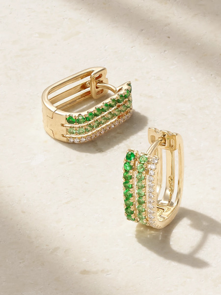  Roxanne First Roxanne First - Triple 14-karat Gold, Garnet And Diamond Hoop Earrings - Green 