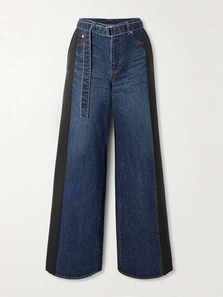  Sacai Sacai - Belted Wool-blend Trimmed Denim Wide-leg Pants - Blue 