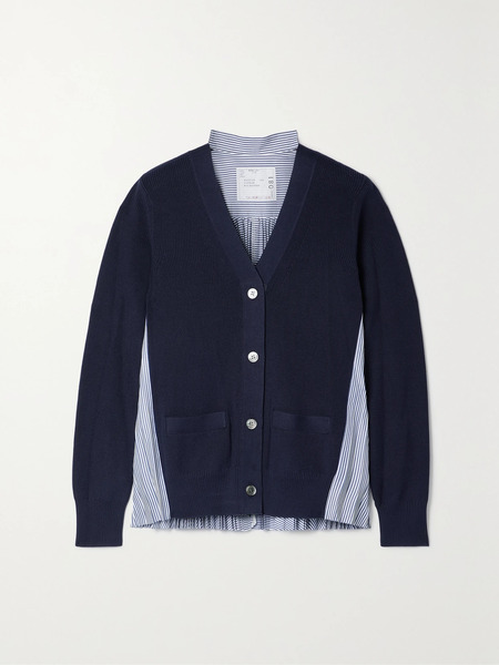  Sacai Sacai - Cotton And Pleated Striped Poplin Cardigan - Navy 