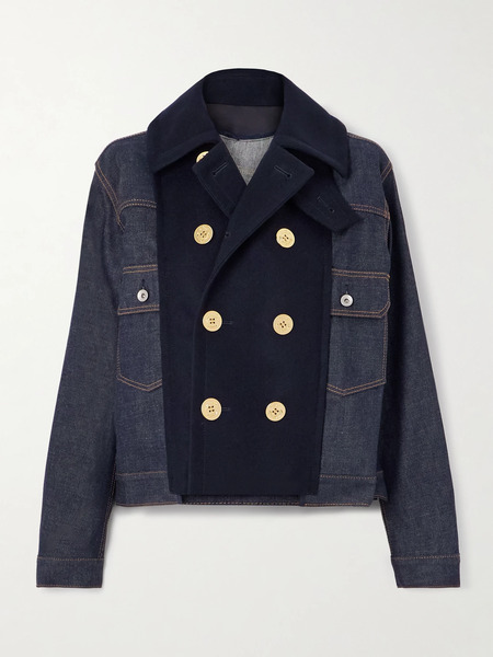  Sacai Sacai - Double-breasted Wool-trimmed Denim Jacket - Navy 