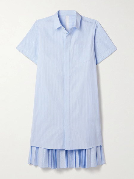  Sacai Sacai - Layered Pleated Pinstriped Poplin Midi Shirt Dress - Blue 