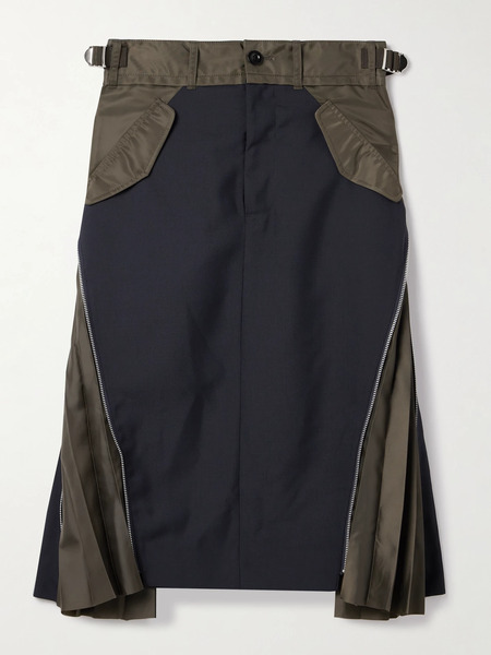  Sacai Sacai - Paneled Crepe, Shell And Pleated Satin Midi Skirt - Navy 