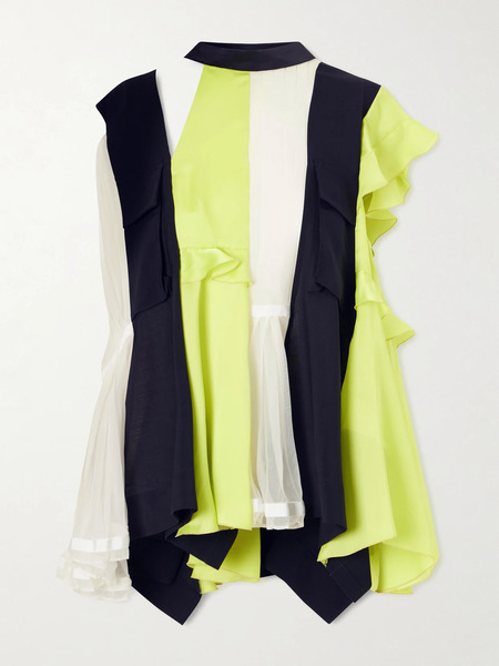  Sacai Sacai - Paneled Ruffled Pleated Wool, Satin And Chiffon Blouse - Navy 
