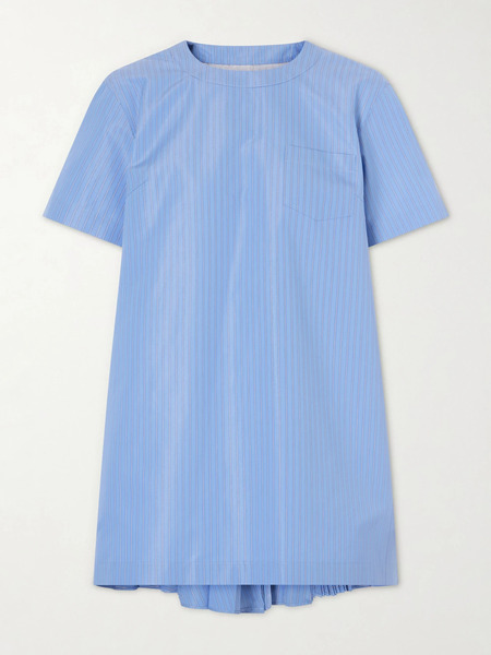  Sacai Sacai - Pleated Striped Cotton-blend Poplin Mini Dress - Blue 