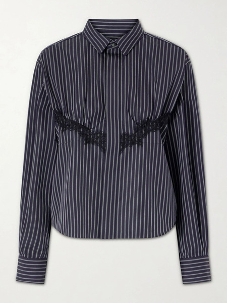  Sacai Sacai - Striped Lace-trimmed Cotton-blend Poplin Shirt - Navy 