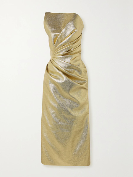 Safiyaa Safiyaa - Daxton Strapless Gathered Metallic Lamé Midi Dress - Gold 