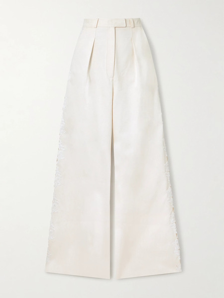  Safiyaa Safiyaa - Fredan Guipure Lace-trimmed Cotton-twill Wide-leg Pants - Ivory 