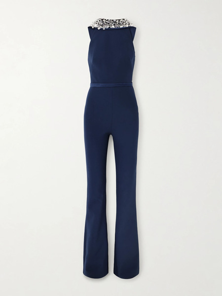  Safiyaa Safiyaa - Luna Embellished Duchesse Satin-trimmed Crepe Jumpsuit - Navy 