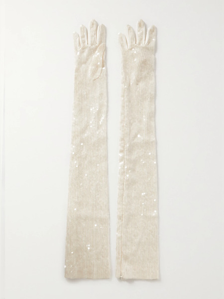  Safiyaa Safiyaa - Sequined Satin Gloves - White 