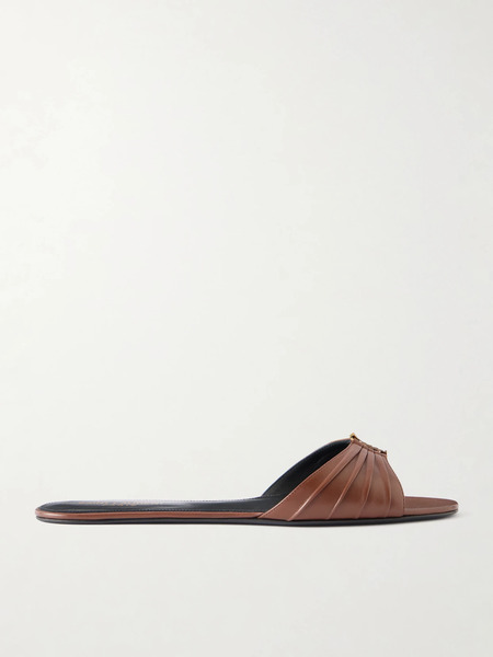  Saint Laurent Saint Laurent - Babylone Embellished Gathered Glossed-leather Slides - Brown 