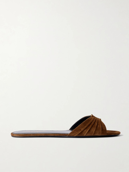  Saint Laurent Saint Laurent - Babylone Embellished Gathered Suede Slides - Brown 