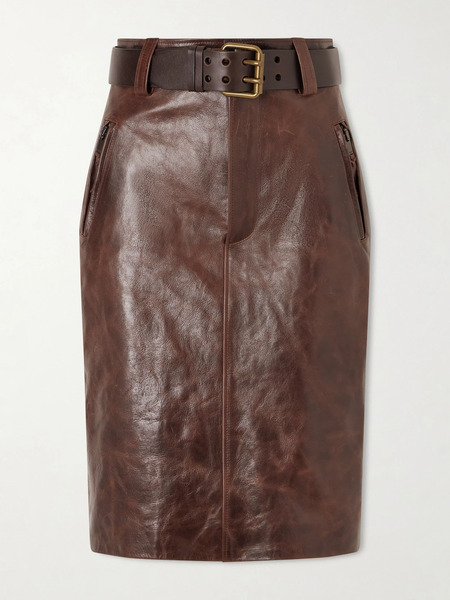  Saint Laurent Saint Laurent - Belted Leather Pencil Skirt - Chocolate 