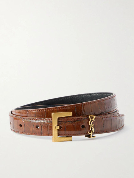  Saint Laurent Saint Laurent - Cassandre Croc-effect Leather Belt - Brown 