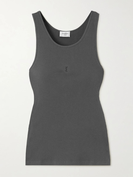  Saint Laurent Saint Laurent - Cassandre Embroidered Ribbed Cotton-jersey Tank - Dark Gray 