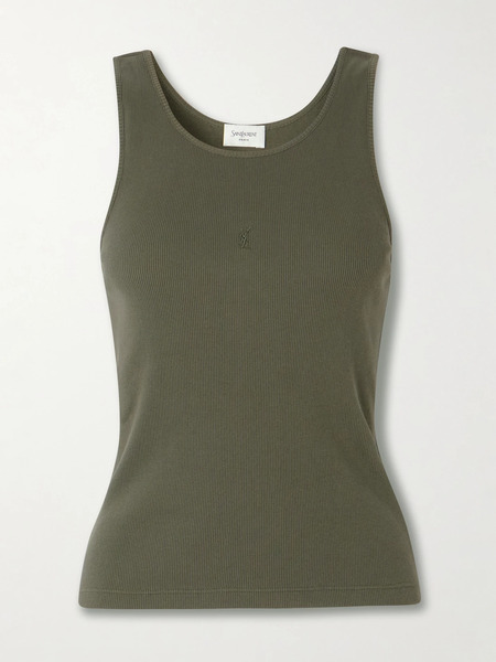  Saint Laurent Saint Laurent - Cassandre Embroidered Ribbed Cotton-jersey Tank - Green 