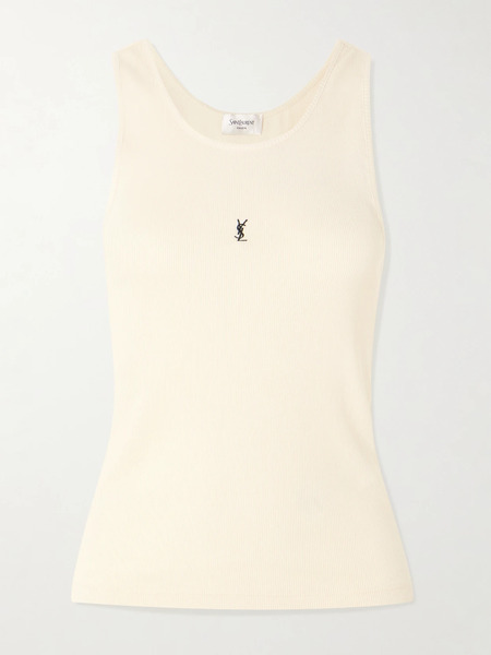  Saint Laurent Saint Laurent - Cassandre Embroidered Ribbed Cotton-jersey Tank - Off-white 